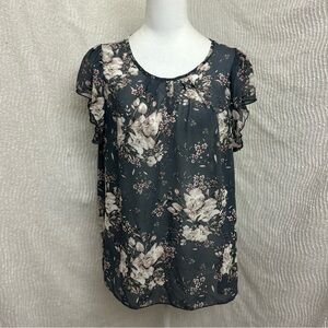 SHEIN Curve Size 1XL Floral Grey Blouse White Multicolor Sheer Boho